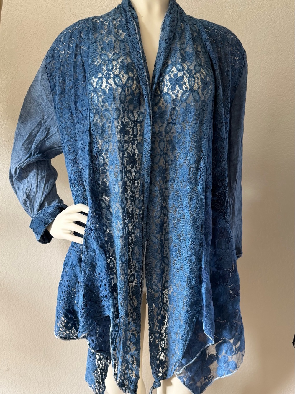 North Style Blue Lace Drape Cardigan Boho Open Front Medium